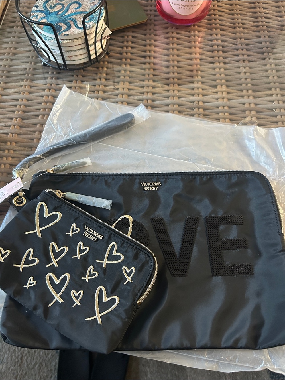 Victoria's Secret Black Wristlet Duo with Gold Trim